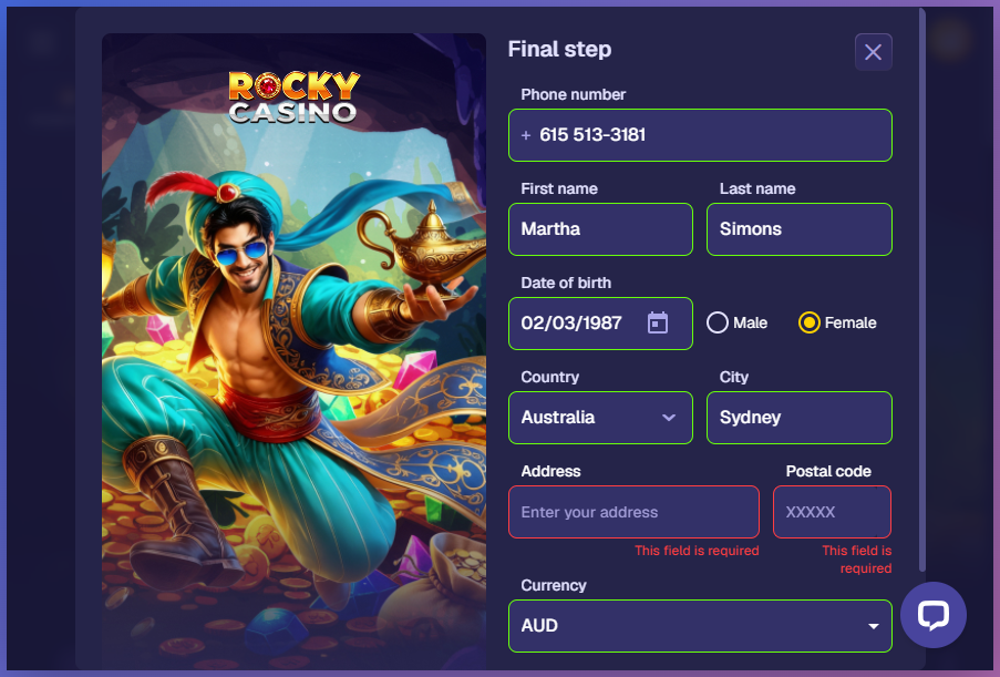 Rockycasino registration process